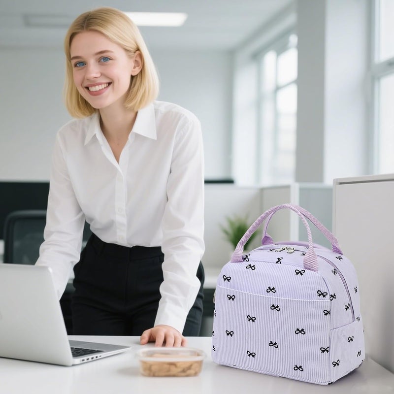 LEDAOU Lunch Box for Women Insulated Lunch Bag Corduroy Lunch Tote Bags Leakproof Cooler Lunch Case for Travel Work Picnic (Purple bow pattern) - Image 3